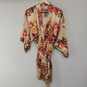 Ms Lovely Vintage Floral Satin Kimono Robe Champagne Gold Pink Roses M/L